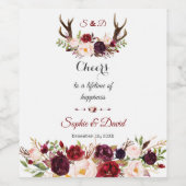 Chic Burgundy Marsala Floral Antlers bruiloft Wijn Etiket (Enkel label)