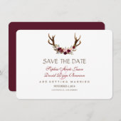 Chic Burgundy Marsala Floral Antlers sparen de dat Save The Date (Voorkant / Achterkant)