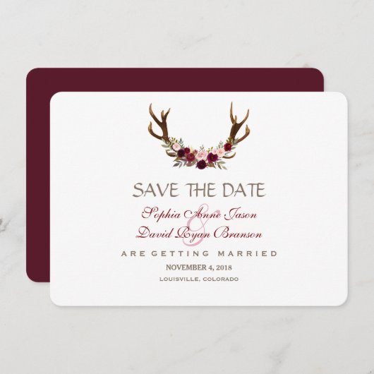 Chic Burgundy Marsala Floral Antlers sparen de dat Save The Date (Voorkant / Achterkant)