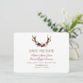 Chic Burgundy Marsala Floral Antlers sparen de dat Save The Date (Staand voorkant)