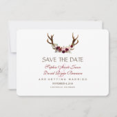 Chic Burgundy Marsala Floral Antlers sparen de dat Save The Date (Voorkant)