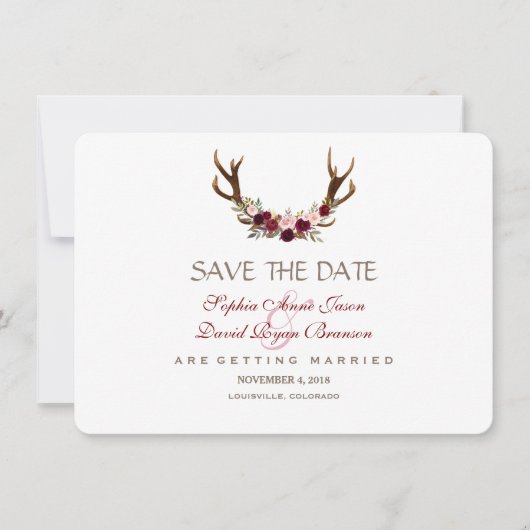 Chic Burgundy Marsala Floral Antlers sparen de dat Save The Date (Voorkant)
