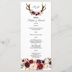 Chic Burgundy Marsala Floral Antlers Weddenschap Menu