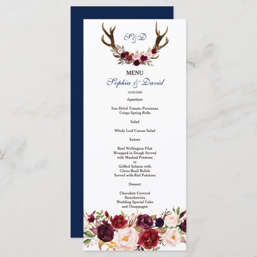 Chic Burgundy Marsala Floral Antlers Weddenschap Menu (Voorkant / Achterkant)