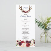 Chic Burgundy Marsala Floral Antlers Weddenschap Menu (Staand voorkant)
