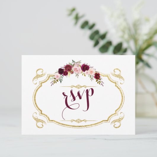 Chic Burgundy Marsala Floral Fall Wedding RSVP (Staand voorkant)