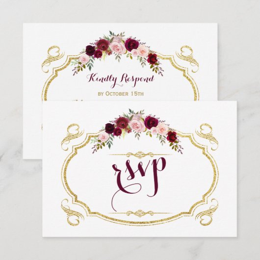Chic Burgundy Marsala Floral Fall Wedding RSVP Kaartje (Voorkant / Achterkant)