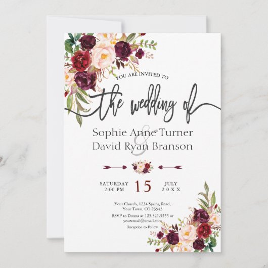 Chic Burgundy Marsala Floral Handwriting Wedding Kaart (Voorkant)