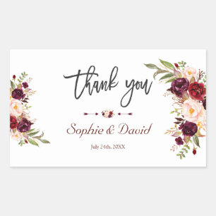 Chic Burgundy Marsala Floral Handwriting Wedding Rechthoekige Sticker