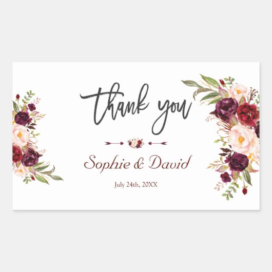 Chic Burgundy Marsala Floral Handwriting Wedding Rechthoekige Sticker (Voorkant)