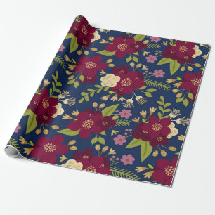 Chic Burgundy, Navy Blue en Gold Wedding Floral Cadeaupapier