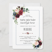 Chic Burgundy Navy Blue Floral Lijst Wedding Kaart (Voorkant)