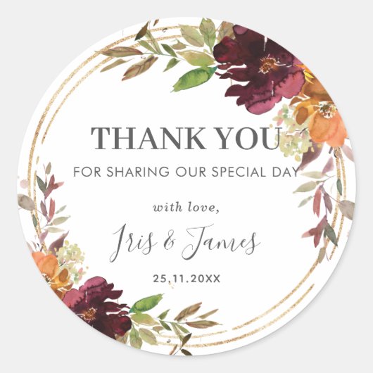 Chic Burgundy Oranje Floral herfst bruiloft Ronde Sticker (Voorkant)