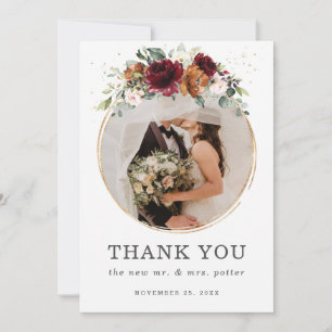 Chic Burgundy Oranje Floral Wedding Photo Wedding Bedankkaart