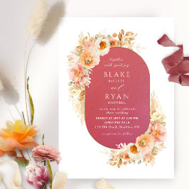 Chic Burgundy, Peach Blush and Cream Oval Wedding Kaart
