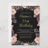 Chic Burgundy Pink Floral Black Birthday Party Kaart (Voorkant)
