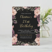 Chic Burgundy Pink Floral Black Birthday Party Kaart (Staand voorkant)