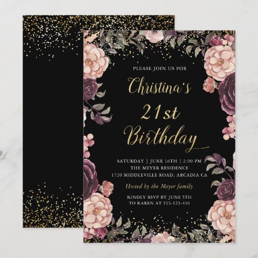 Chic Burgundy Pink Floral Black Birthday Party Kaart (Voorkant / Achterkant)