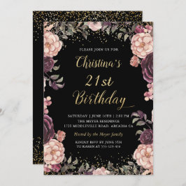 Chic Burgundy Pink Floral Black Birthday Party Kaart