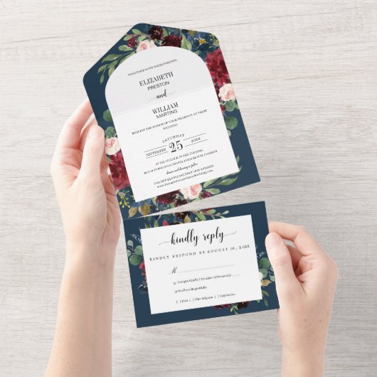 Chic Burgundy Red Blue Floral Arch Lijst Weddensch All In One Uitnodiging (Afscheurbaar)
