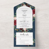 Chic Burgundy Red Blue Floral Arch Lijst Weddensch All In One Uitnodiging (Binnen)