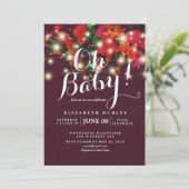 Chic Burgundy Red Floral String Lights Baby shower Kaart (Staand voorkant)