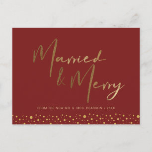 Chic Burgundy Red Gold Married en Merry Photo Feestdagenkaart
