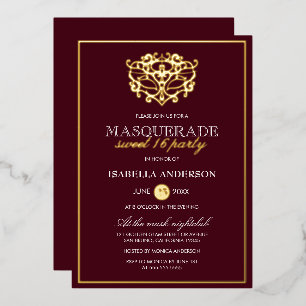 Chic Burgundy Red & Gold Masquerade Sweet 16 Party Folie Uitnodiging