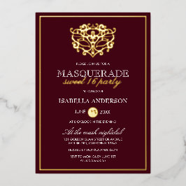 Chic Burgundy Red & Gold Masquerade Sweet 16 Party Folie Uitnodiging