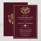 Chic Burgundy Red & Gold Masquerade Sweet 16 Party Kaart (Voorkant / Achterkant)