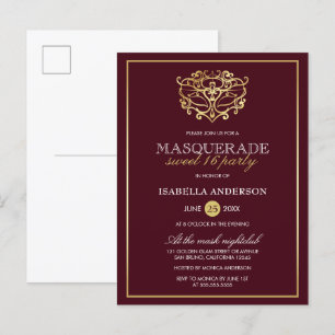 Chic Burgundy Red & Gold Masquerade Sweet 16 Party Uitnodiging Briefkaart