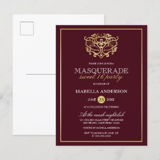 Chic Burgundy Red & Gold Masquerade Sweet 16 Party Uitnodiging Briefkaart