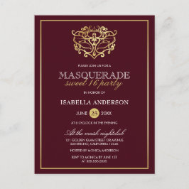 Chic Burgundy Red & Gold Masquerade Sweet 16 Party Uitnodiging Briefkaart