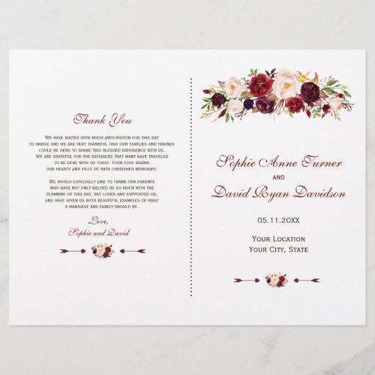 Chic Burgundy Red Marsala Floral Wedding Programme (Voorkant)