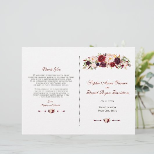 Chic Burgundy Red Marsala Floral Wedding Programme (Staand voorkant)