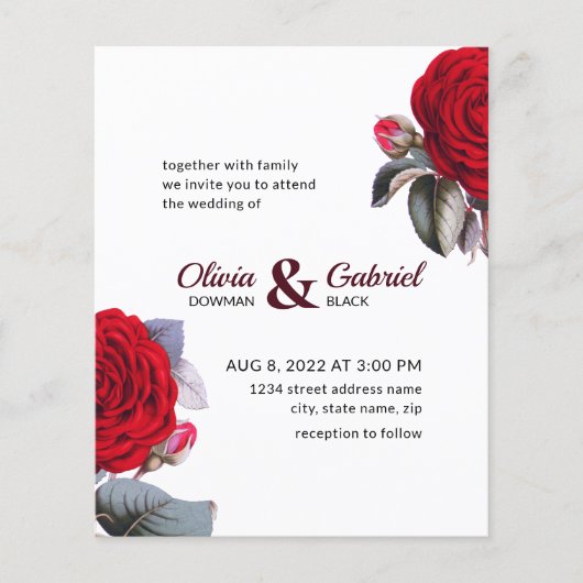 Chic Burgundy Red roos. Blossom Natuur Wedding IV Flyer (Voorkant)