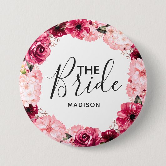 Chic Burgundy & Roze Floral Schreeuw de Bride Ronde Button 7,6 Cm (Voorkant)
