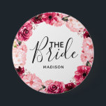 Chic Burgundy & Roze Floral Schreeuw de Bride Ronde Button 7,6 Cm<br><div class="desc">Chic Burgundy Green & Blush Pink Waterverf Floral Wreath Wedding Monogram Summer of Spring Flowers met Waterverf greenery,  Modern en Script fonts en elegant bloemontwerp. Trendy en Chic Wedding de knoop van de Bride! ~ Bekijk mijn winkel voor dit ontwerp de volledige trouwsuite!</div>