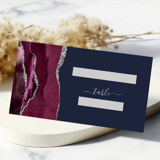 Chic Burgundy Silver Agate Navy Blue Wedding Table Plaatskaartje