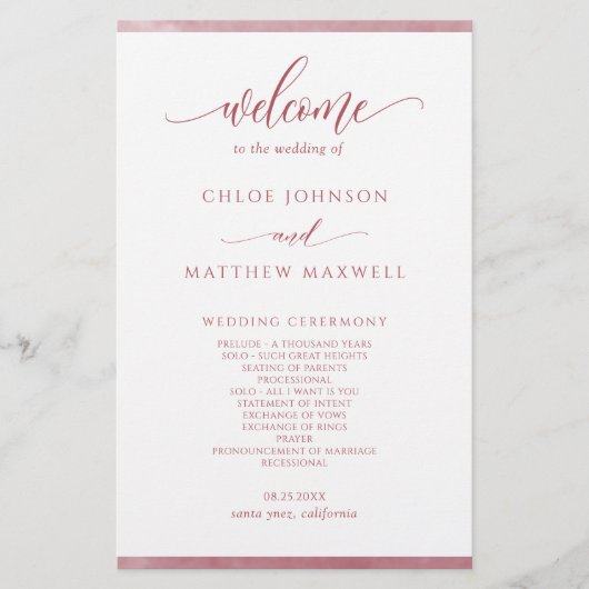 Chic Burgundy Waterverf Lijst Wedding Programme (Voorkant)