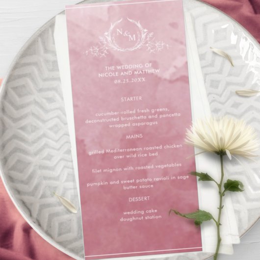 Chic Burgundy Waterverf, Monogram Wedding Menu