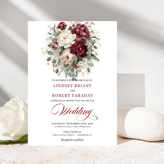 Chic Burgundy White Eucalyptus Wedding Invitation Kaart