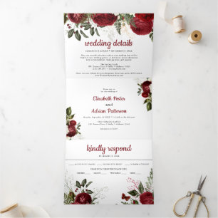 Chic Burgundy & White Floral Elegant Wedding Drieluik Uitnodiging