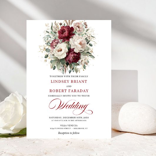 Chic Burgundy White Floral Eucalyptus Gold Wedding Kaart