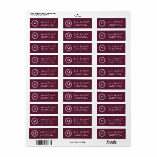Chic Burgundy White Monogram Return Label (Full Sheet)
