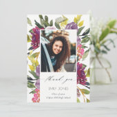 Chic Burgundy Yellow Pink Floral Foto Afstuderen Bedankkaart (Staand voorkant)