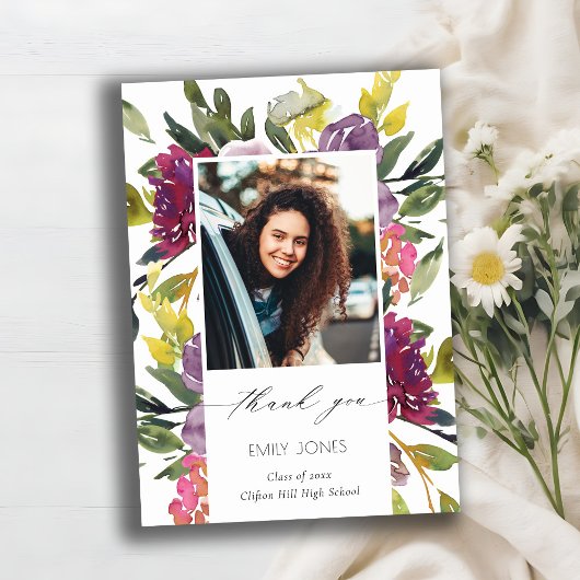 Chic Burgundy Yellow Pink Floral Foto Afstuderen Bedankkaart