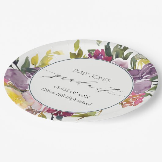 Chic Burgundy Yellow Pink Floral Foto Afstuderen Papieren Bordje (Gekanteld)