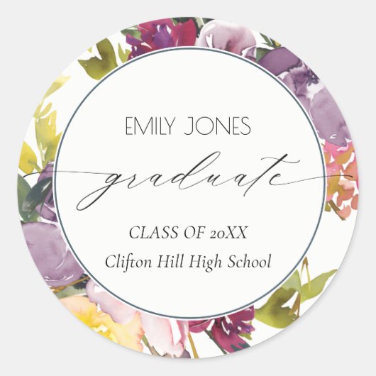 Chic Burgundy Yellow Pink Floral Foto Afstuderen Ronde Sticker (Voorkant)