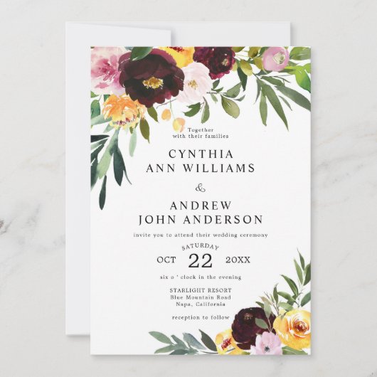 Chic Burgundy Yellow Waterverf Floral Wedding Kaart (Voorkant)